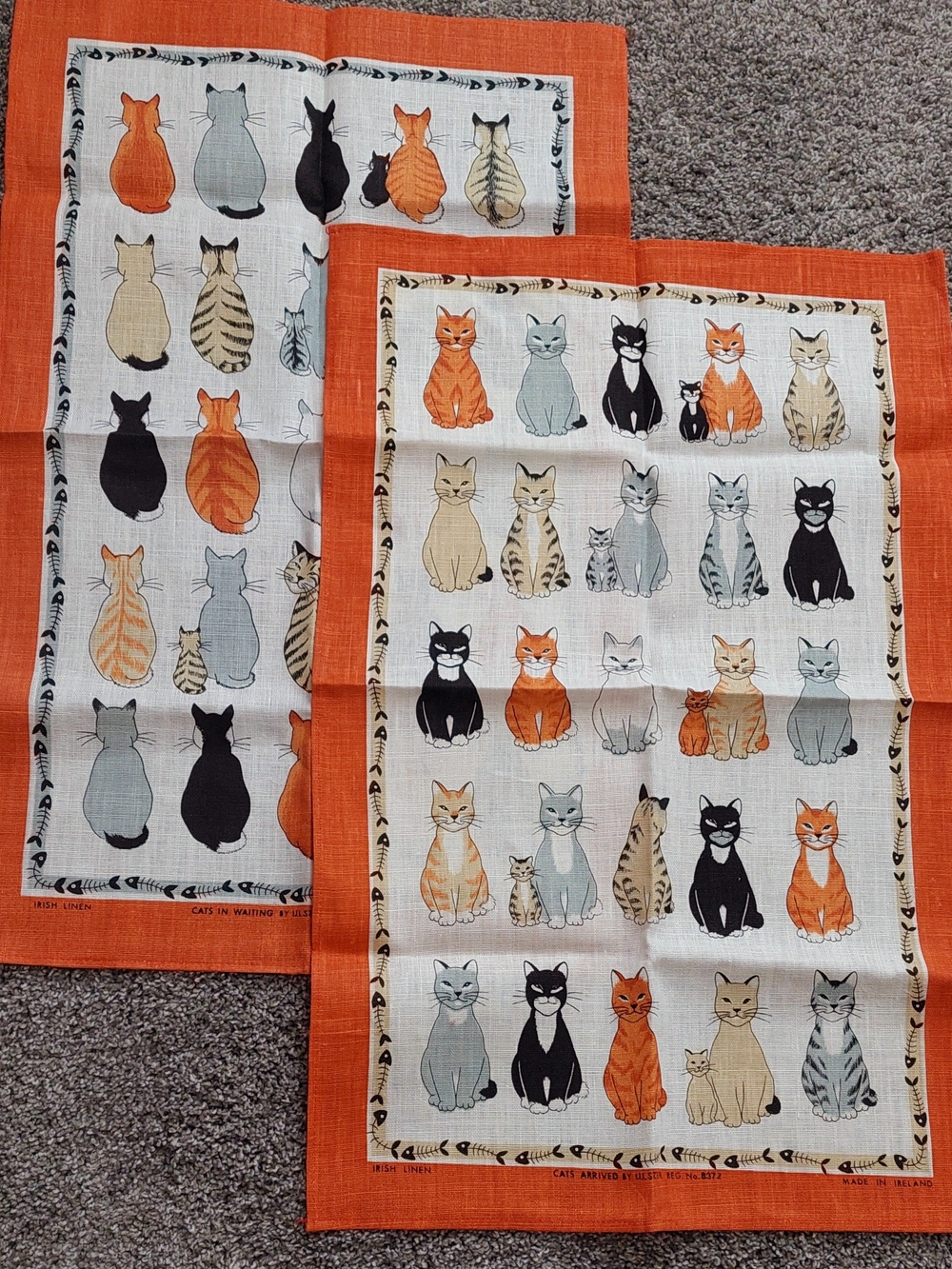 Irish Linen Cat Print Tea Towels Set Of Two NWOT